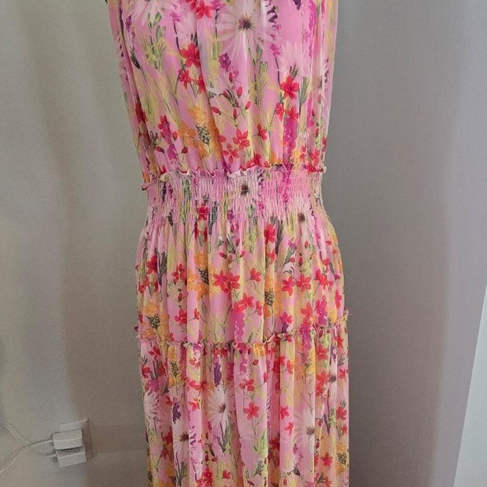 Taylor womens pink floral print summer tiered sleeveless dress 8